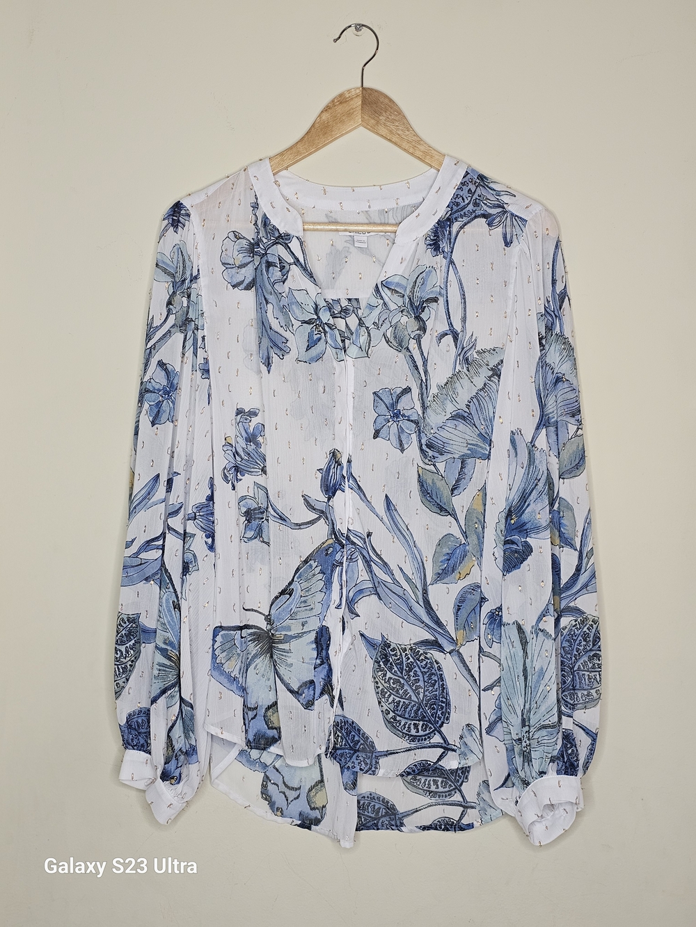Chico's White Blouse with Blue Floral Print
